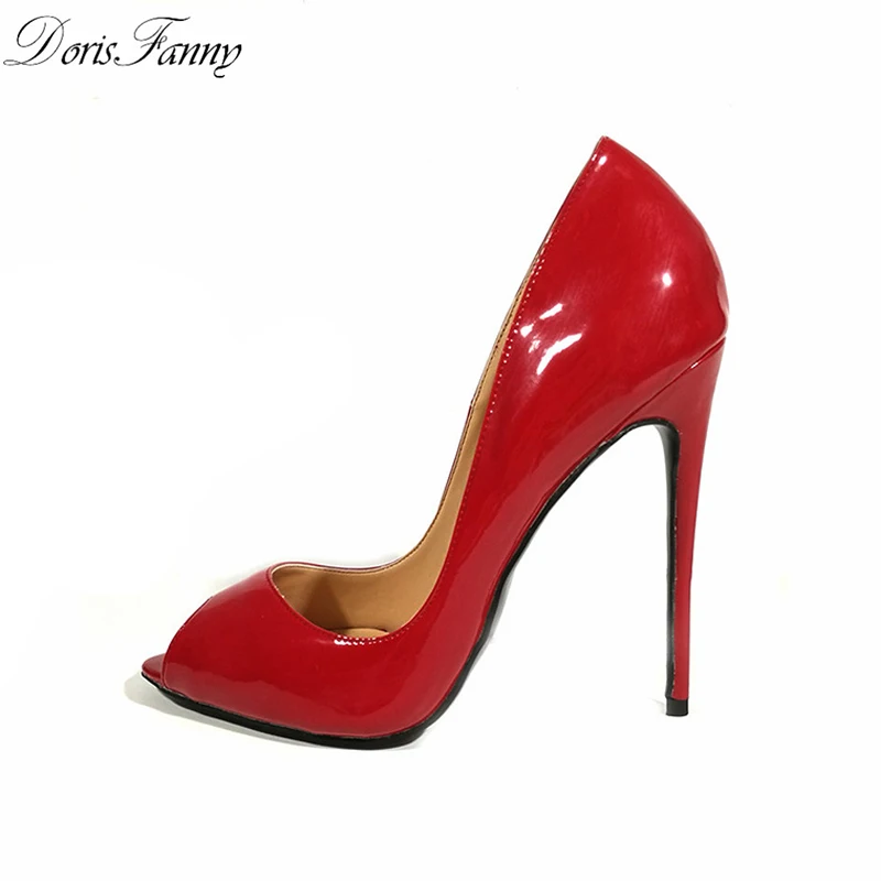 

DorisFanny Red Black peep toe high heels ladies patent leather shoes size 43 fashion women pumps