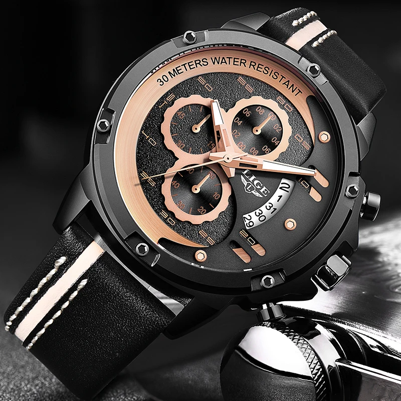 2019 LIGE New Casual Leather Mens Watches Top Brand Luxury Male Milltary Sport Waterproof Analog Quartz Watch Relogio Masculino