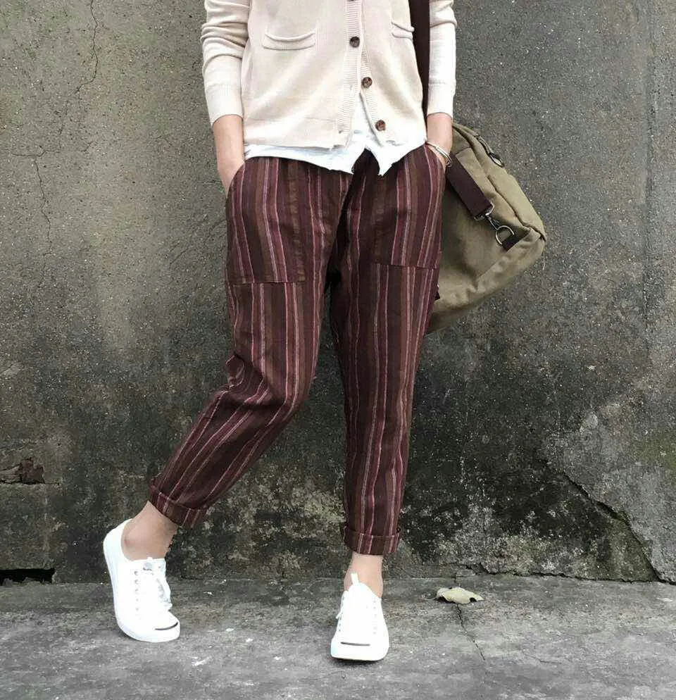 Женщины Stripes Брюки Эластичный Пояс Свободные Повседневные Дамы Полосатый Хлопок