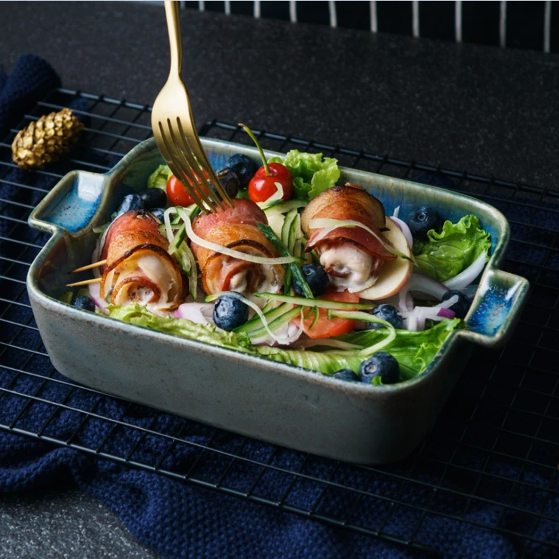 

Rectangular Ceramic Baking Pan Baked Deep Bowl Baked Rice Pan Household Salad Tray With Double Handles Heat Resistant 1pcs