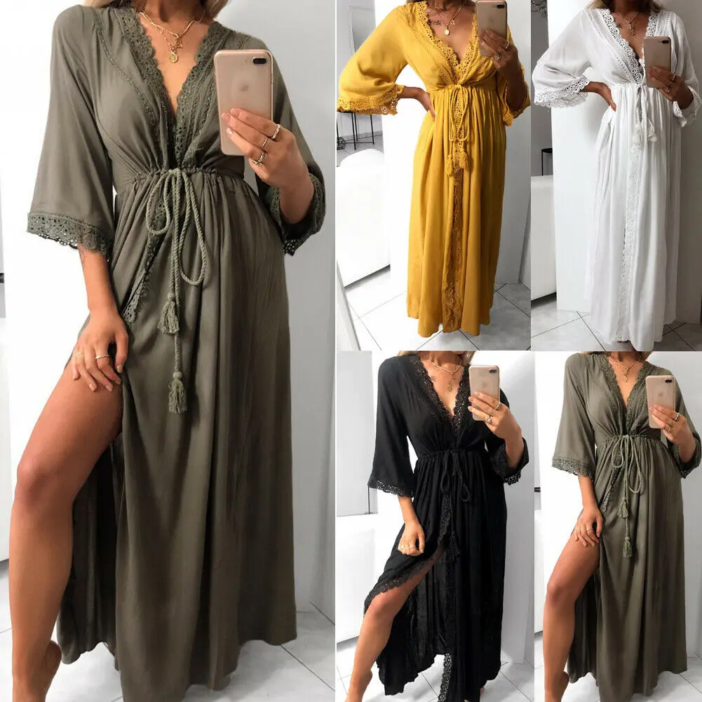 

Women Half Sleeve Vintage Maxi Split Dress Loose Solid Evening Party Dresses Summer Boho Lace Beach Sundress
