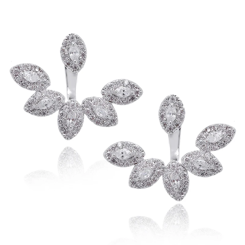 

XIUMEIYIZU Rhodium Plated Front Back 2 in 1 Ear Jacket Zircon Peeking Feather Rhodium Plated Stud Fashion Cuff Earrings