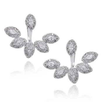 

XIUMEIYIZU Rhodium Plated Front Back 2 in 1 Ear Jacket Zircon Peeking Feather Rhodium Plated Stud Fashion Cuff Earrings