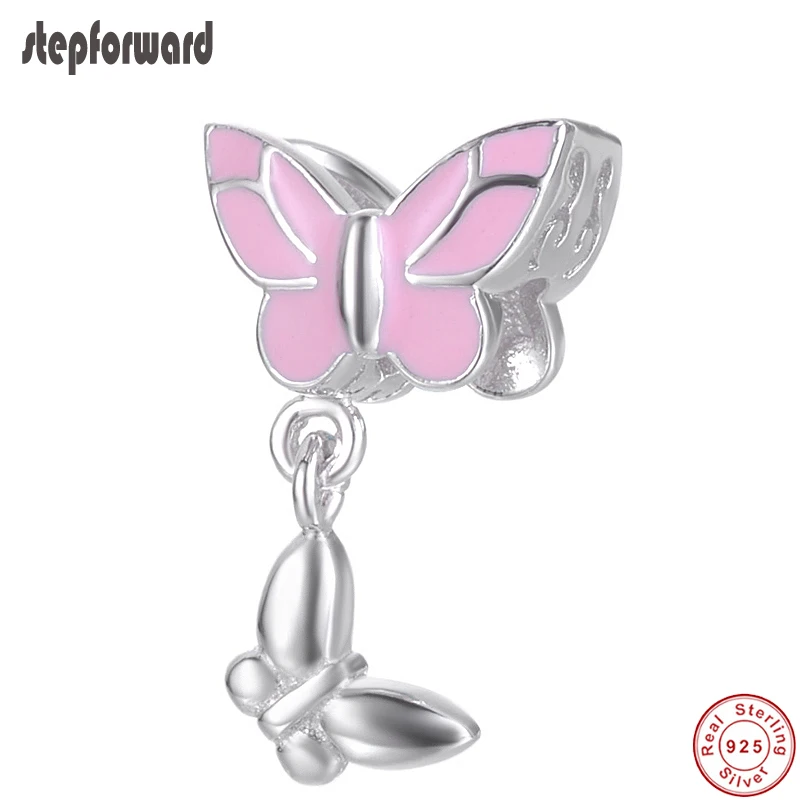 

New Arrival Beautiful Pink Enamel 925 Sterling Silver Double Butterfly Hanging Charm Fit Women Charm Bracelet DIY Jewelry