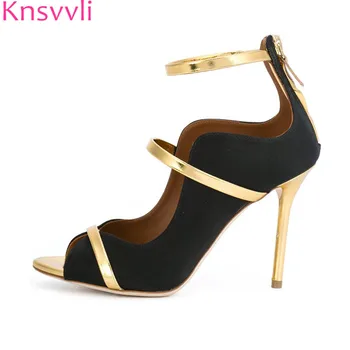 

Knsvvli New Peep toe Sexy High Heels Shoes Women Genuine Leather Suede Gladiator Sandals Metal heels Ankle belt Wome Pumps