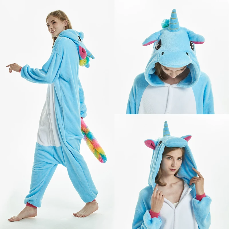 Kigurumi Adults Flannel Unicorn Pajamas Animal Onesies Cartoon Sleepwear Women Men Nightwear Winter Stitch Panda Cosplay Pijimas