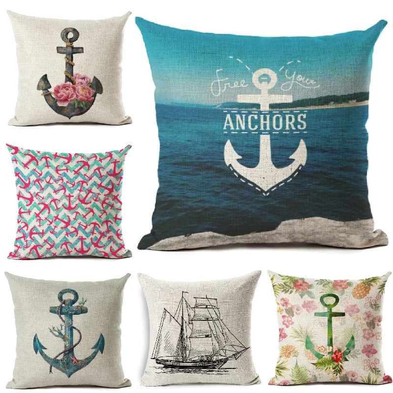 

Cushion Cover Vintage Boat Anchor Linen Pillow Cover Home Decoration Car Sofa Decorative Pillowcase almofadas 45X45cm