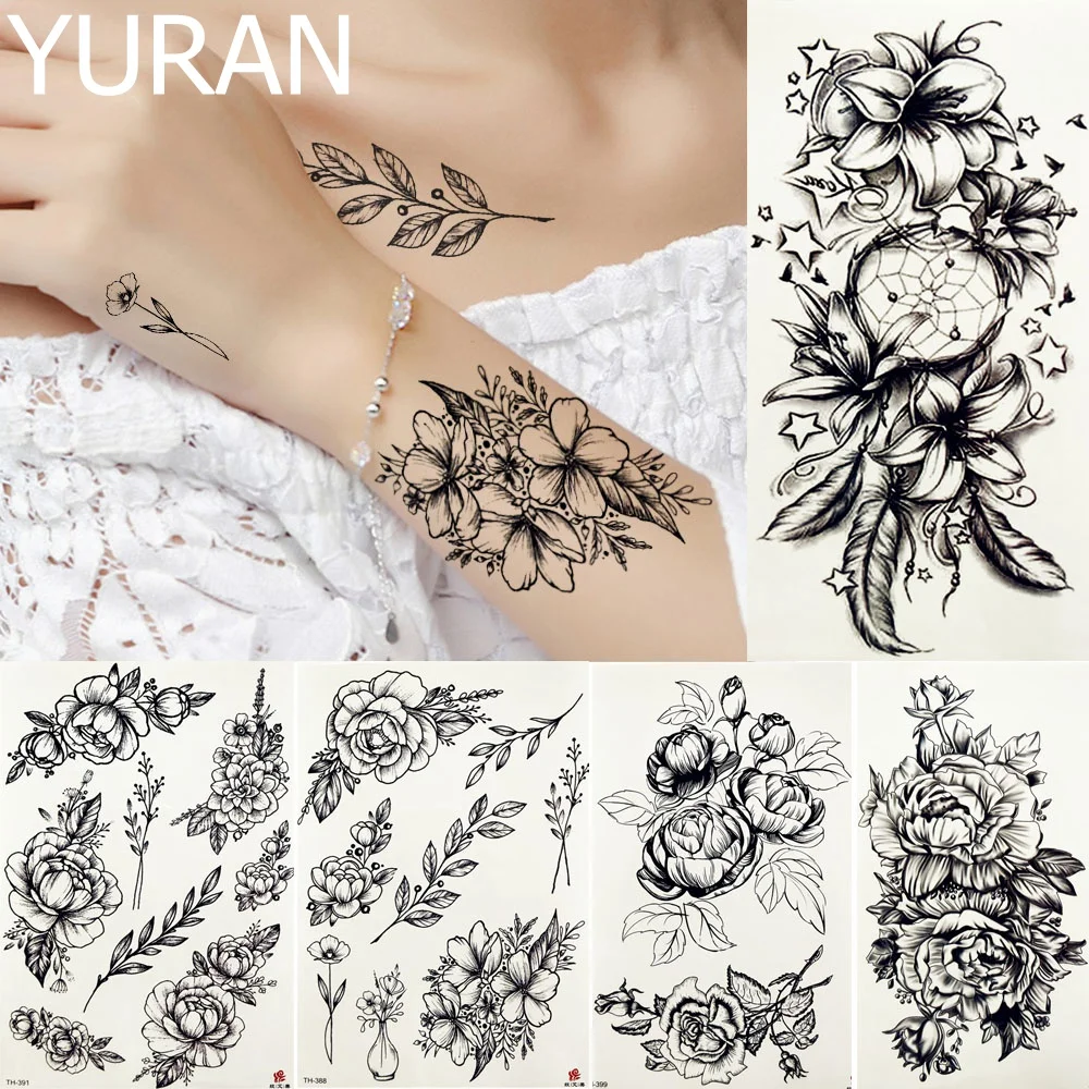 

YURAN Black Dream Catcher Tattoos Temporary Women Body Arm Floral Legs Art Tatoos Sticker Girls Waist Flower Rhododendron Tattoo