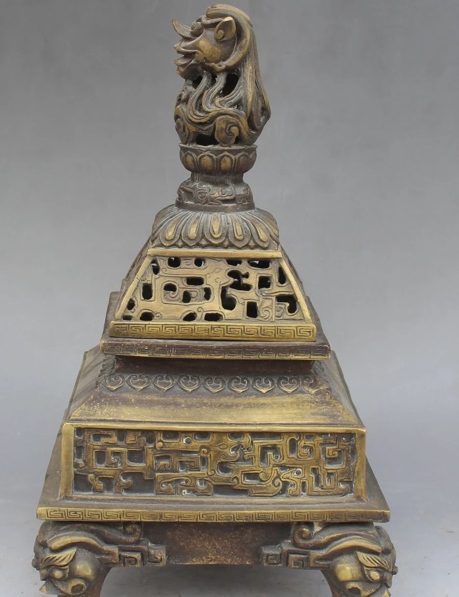 

11" Chinese Bronze Dragon Foo Fu Dog Guardion Lion Incense Burner Censer Statue