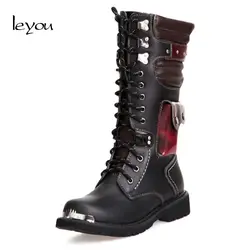 Leyou Для мужчин кожаные ботинки с высоким голенищем мотоциклетные Для мужчин сапоги до колена для верховой езды армейские боевые ботинки