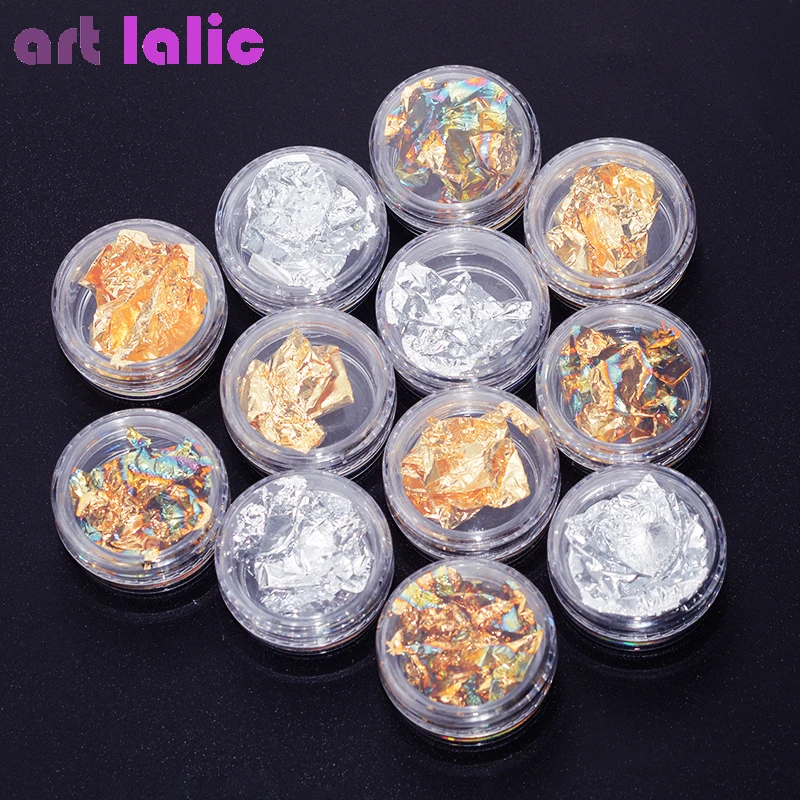 

12 Pots Gold Silver Bronze Glitter Nail Foil Sticker Gel Adhesive Glue Transfer Paillette Flake Full Cover Laser Decal Decor