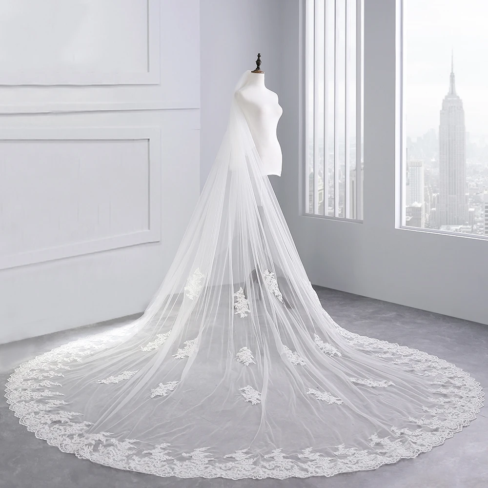3.5 Meter White Ivory Cathedral Wedding Veils Long Lace Edge Bridal Veil two layer veil comb Wedding Accessories velo novia 2019
