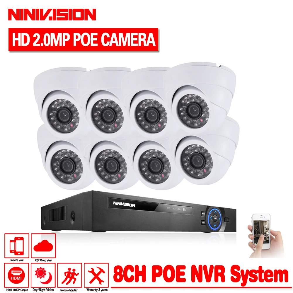 8 каналов 1080P HDMI POE NVR система видеонаблюдения 2 МП комнатная купольная IP камера P2P