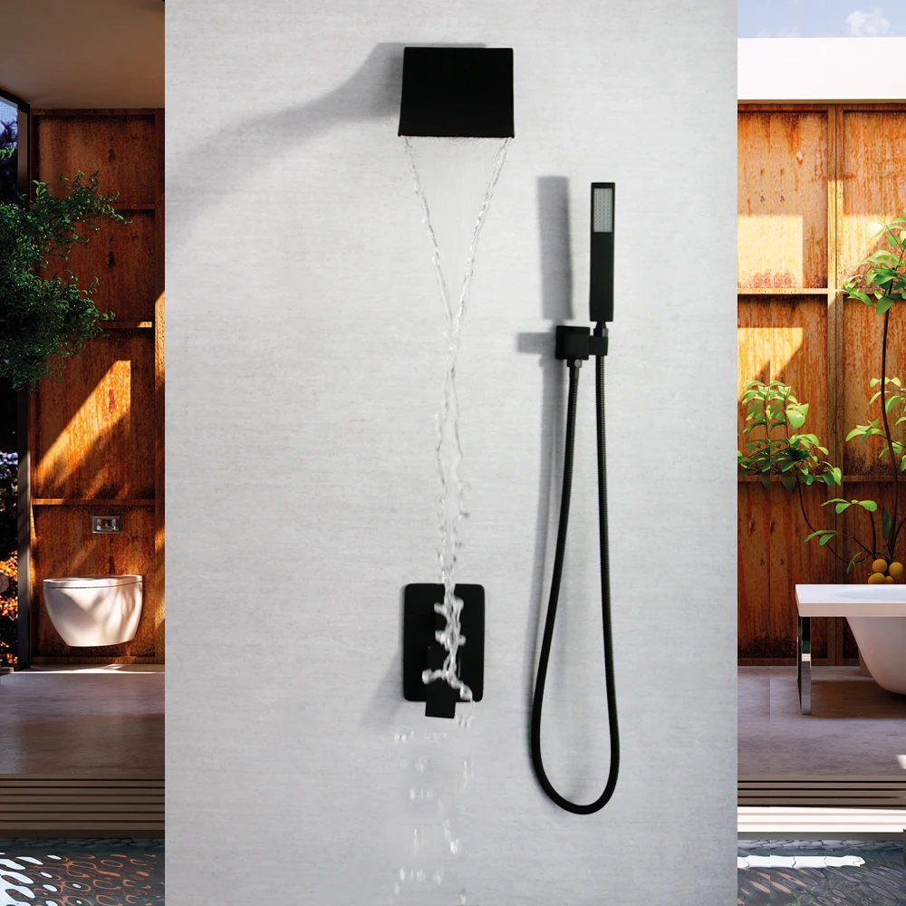 

SKOWLL Wall Mounted Black Concealed Shower Faucet Set Waterfall Shower Mixer Tap SK-7635