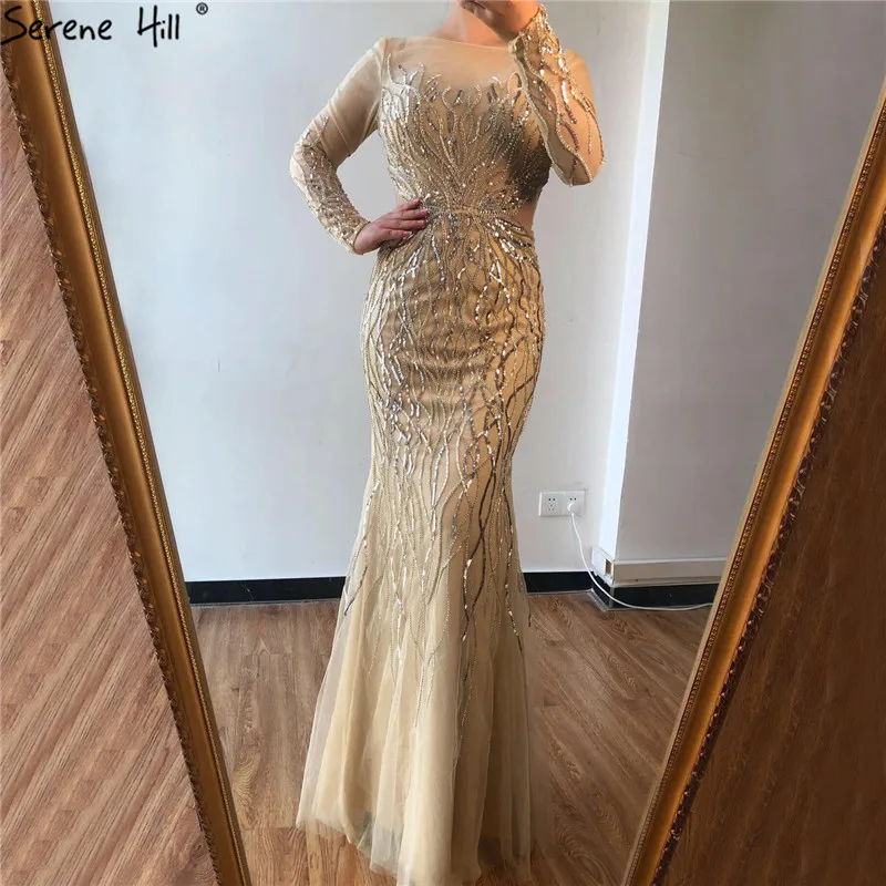 

Dubai Design Gold Sexy Luxury Prom Dresses 2019 Beading Sequined Mermaid Long Sleeves Prom Gowns BLA6418