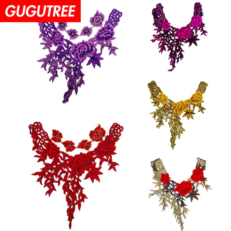 

GUGUTREE embroidery big collar patches flower patches badges applique patches for clothing ZM-7