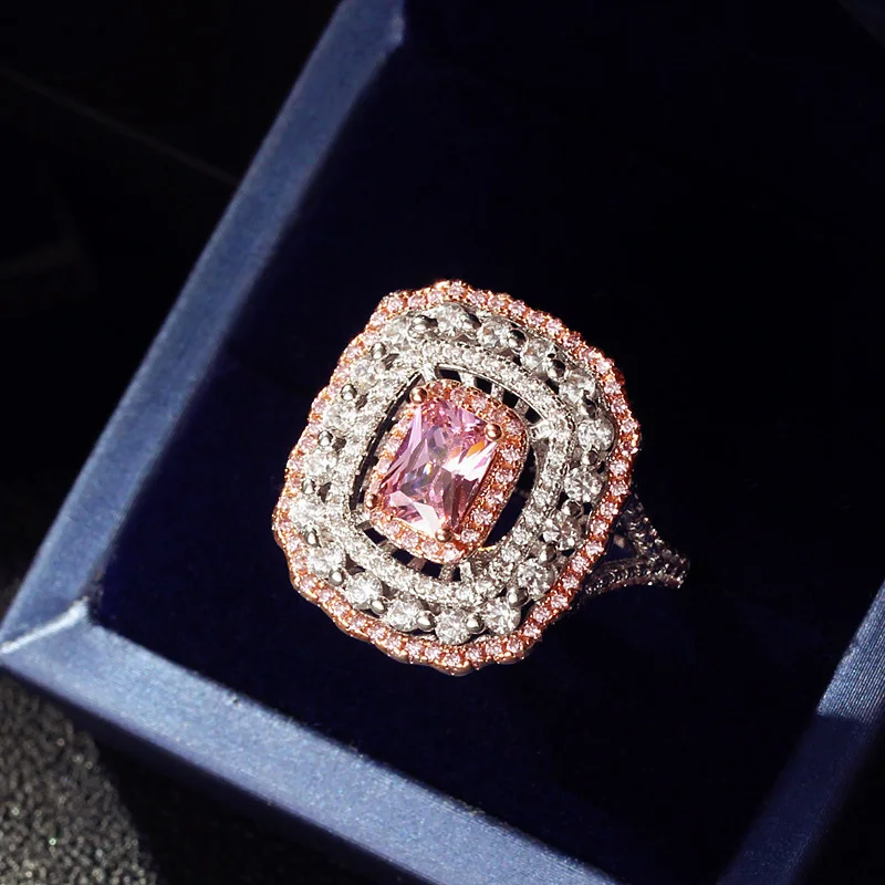 

Fashion Gorgous Luxury Retro royal Pink Crystal Rings for Women Geometric Cubic Zirconia Big Ring Lace side Female Jewelry Gifts