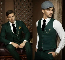 Fashionable One Button Green Groom Tuxedos Notch Lapel Groomsmen Best Man Mens Weddings Prom Suits Blazer(Jacket+Pants+Vest+Tie)