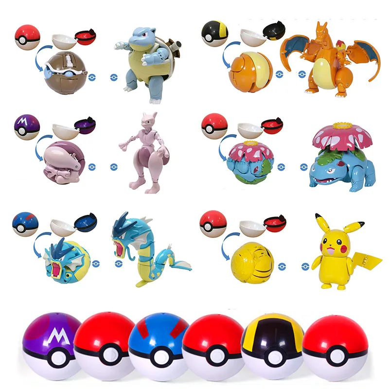 6 шт./лот, монстр Pokeball, Пикачу, Gyarados, Mewtwo, Charizard, Bulbasaur, Сквиртл, внутри, мяч, фигурка, Подарочная игрушка для детей