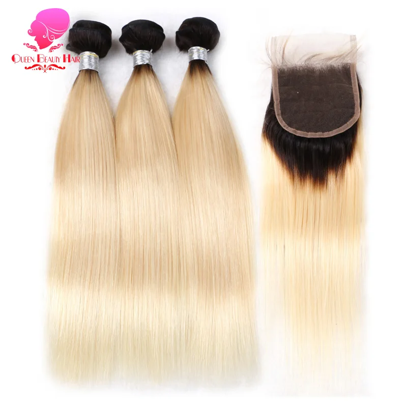 

QUEEN BEAUTY 3 Bundles and Closure 2 Tone Dark Roots 1B/613 Ombre Blonde Brazilian Straight Bundles Remy Human Hair with Closure