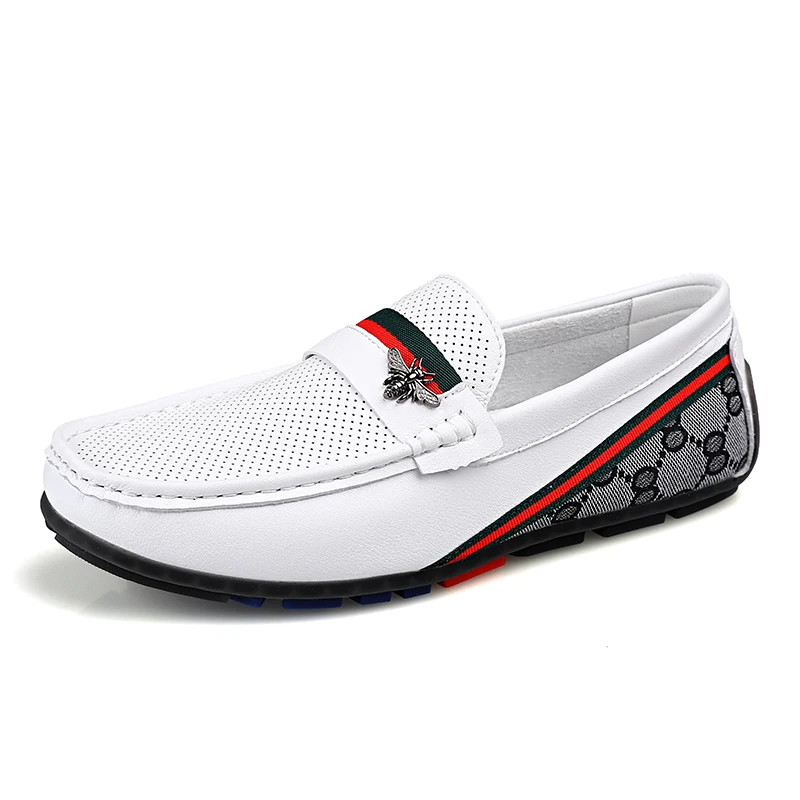 

2019 men Leather Driver Web Buckle Loafer Slipper Men Casual Driving New Bee Breathable Luxury Shoes