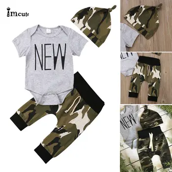

Newborn Infant Toddler Baby Boy Short Sleeve Tops Romper+Camoflage Long Pants Hat Causal Cotton Outfits Set 3PCS Newest Clothes