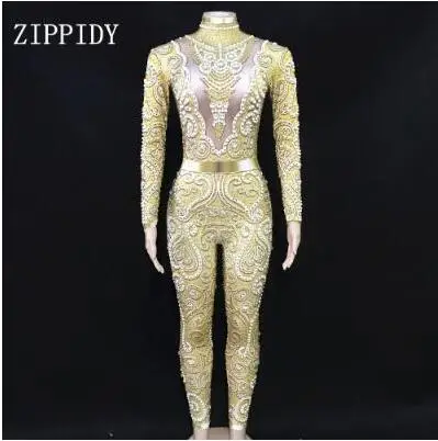 gold jumpsuit Модные Стразы Жемчуг комбинезон одежда с длинным рукавом большой стрейч сексуальное боди для сцены для празднования вечеринок Nightlcub наряд - Цвет: gold jumpsuit