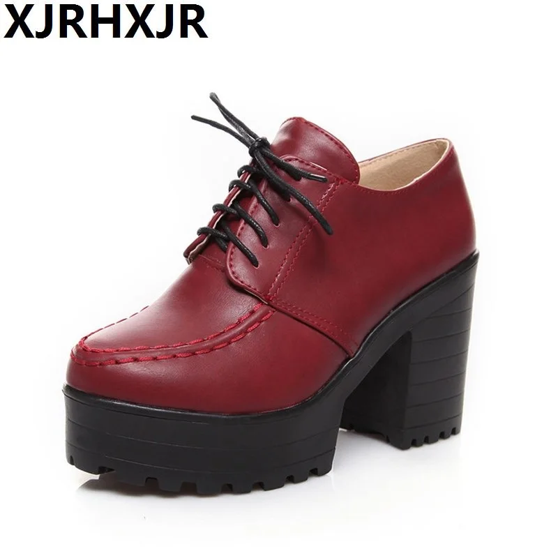 

New Autumn Shoes Woman Lace Up British Style Single Shoes Women Round Toe Thick High Heels Platform Casual Pumps Size 34-43