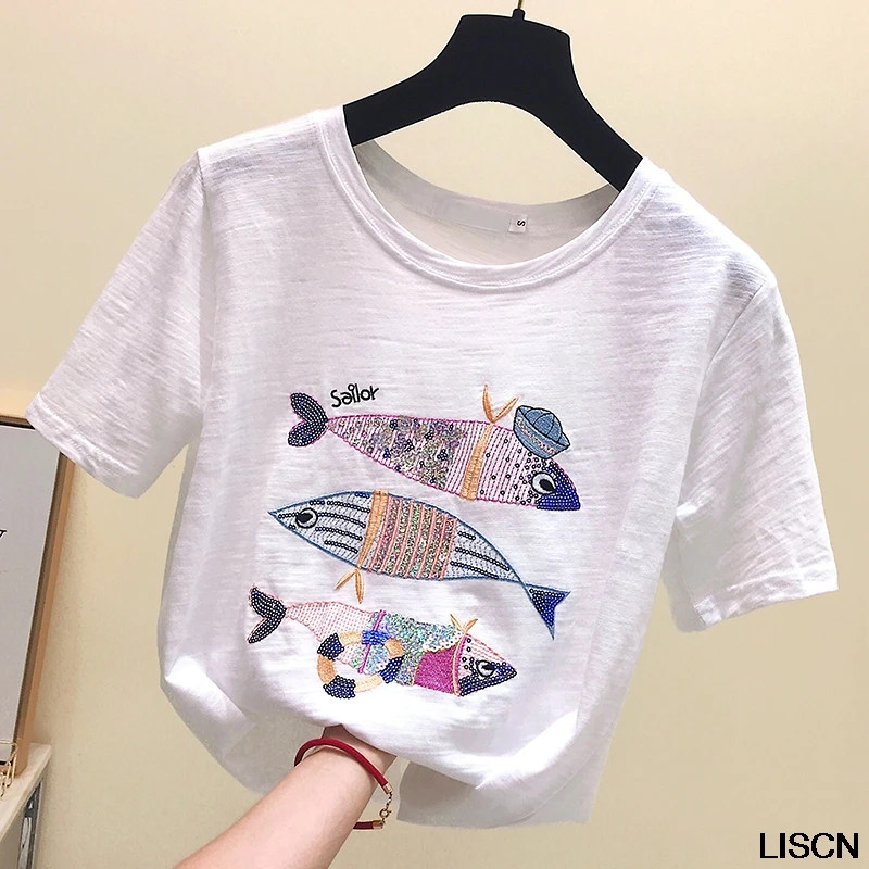 

New Women Embroidery T shirts Summer Printed T-shirt 100% Cotton Cartoon Casual Short Sleeve Shirt Tops Plus Size Tshirt White
