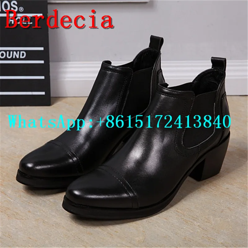 Berdecia Pointed Toe Ankle Leather Boots Men Solid Height Increasing Mens Knight Martin Zipper Dress Winter Casual Shoes Fashion