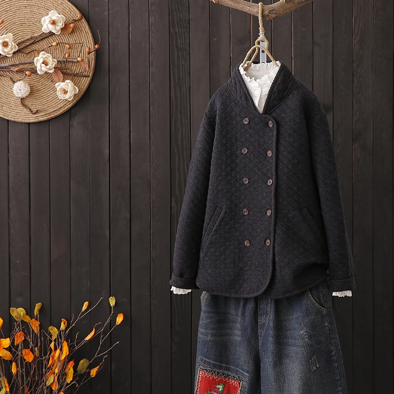 Plalid Femelle Baisc Manteau Veste marron Rétro Automne Longues Chaquetas Noir Coton Manches Col Hiver Stand Rembourré Survêtement Solide Femmes Mujer 77xYPO