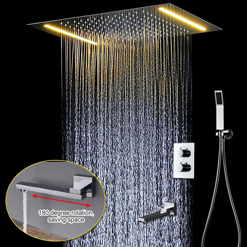 Потайной потолочный душевой набор для ванной комнаты 360X500 мм Электрический светодиодный Большой комплект для душа с дождевой насадкой+ ручной душ