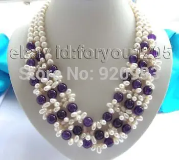 

FREE SHIPPING>@@> Wholesale&FREE P&P* 17-19" 3rows Natural White Pearl Purple stone Necklace