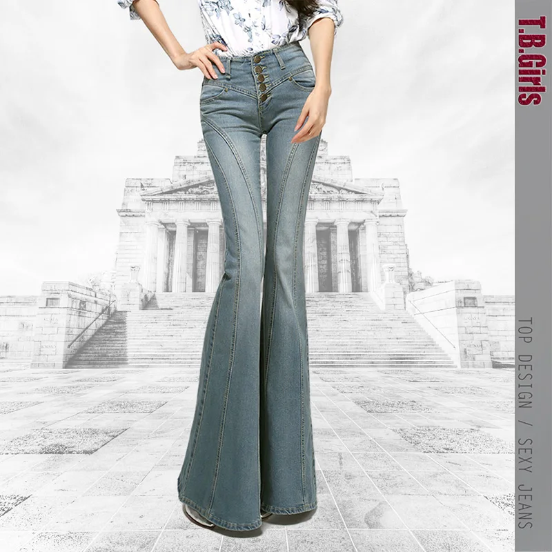 

Free Shipping 2017 New Fashion Flare Long pants For Tall Women Spring Breasted Denim Boot Cut Jeans Plus Size Trousers 25-32
