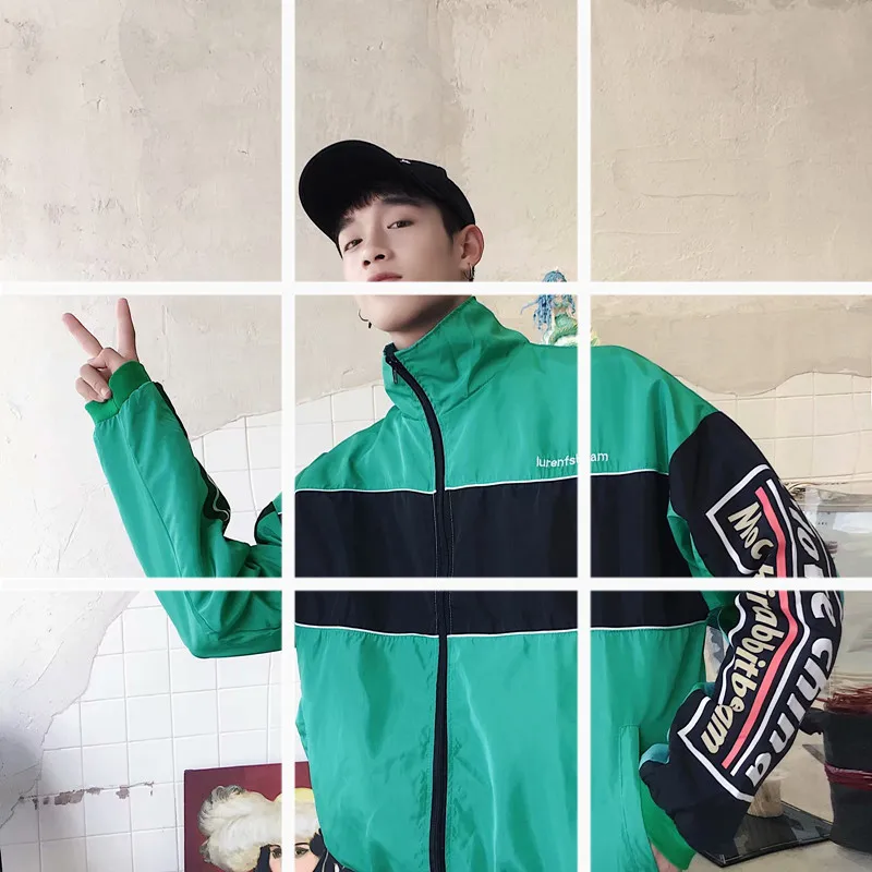 

Men Vintage Hip Hop Patchwork Printed Sleeve Jacket Fashion Casual Streetwear Color Block Windbreaker Jackets Coat