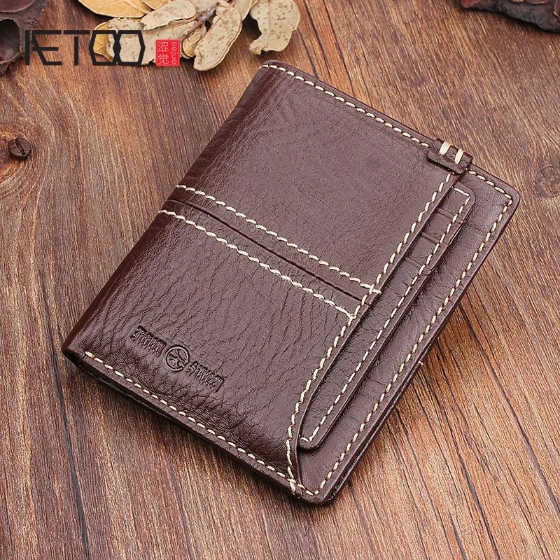 

AETOO Pure cowhide handmade retro short men and women wallet multi-functional leather card money folder young couple