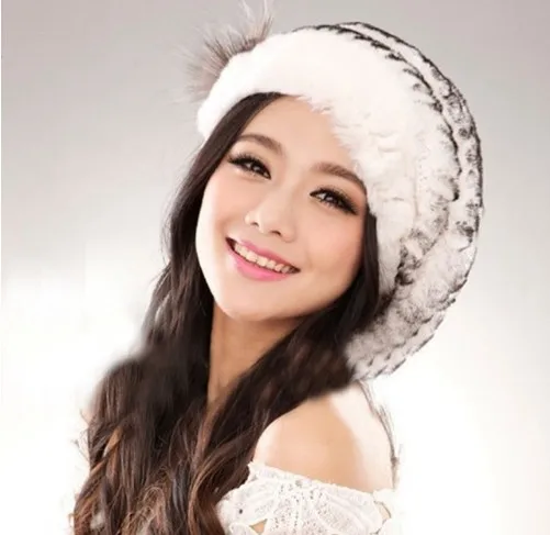 

Hot ladies fashion excellent knitted real natural rex rabbit fur hat Genuine Women fashion winter cap high quality beret H608