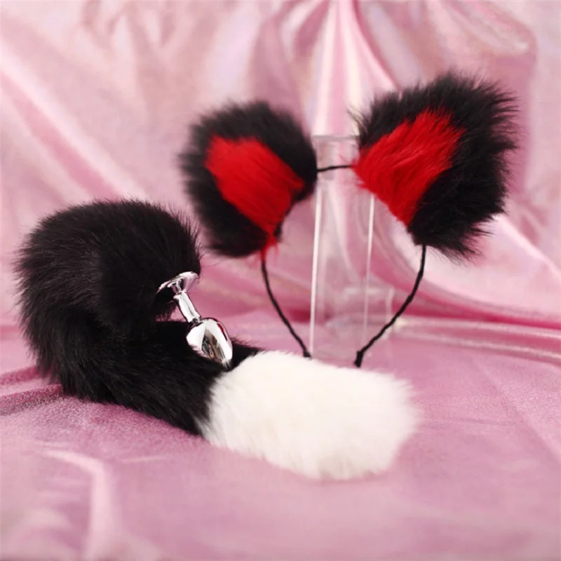 

Large Fox Fur Tail w 2.8x7cm Plug Tool Funny Accessories with Handmade Plush Fox Ears Hairpin Headband for Couples Cosplay Games