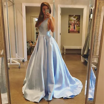 

Mint Blue Satin Princess Evening Dress V Neck Backless Sweep Train Long Formal Dresses Custom Made Cheap Party Gowns