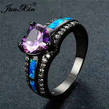 JUNXIN Charm Multicolor Heart Zircon Blue/White/Pink Fire Opal Rings For Women Vintage Fashion Black Gold Filled Birthstone Ring