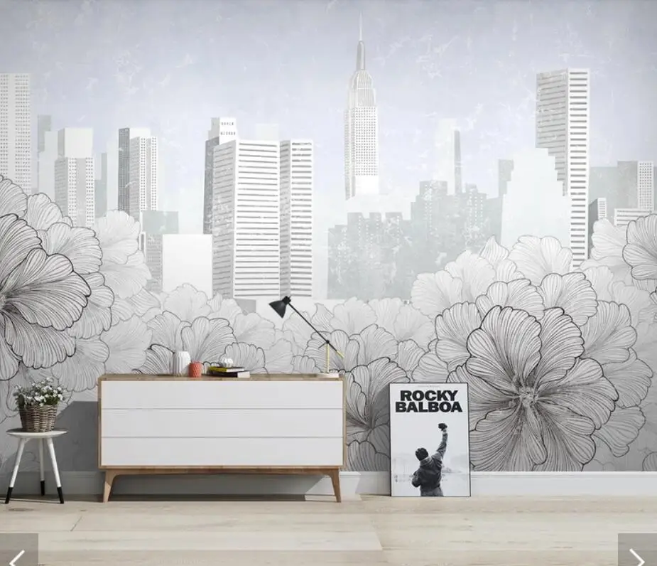 Современные 3D цветок Город Строительство стены Бумага росписи для гостиная настенные изображения стена рулоны ручная роспись цветочные