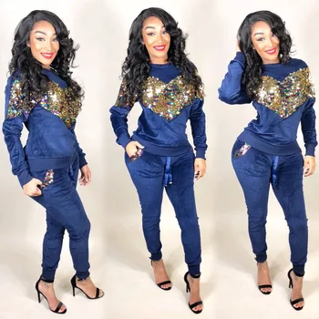 

Tsuretobe Velevet Sepuin Two Piece Set Women New Autumn Casual Fashion Tracksuit Female Long Sleeve Bodycon Floral Two Piece Set