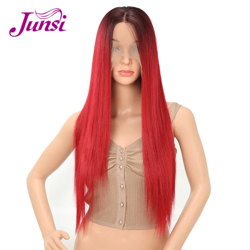 

JUNSI Long Ombre Dark Red Wig Silky Straight Synthetic Lace Front Wig for Women Heat Resistant Wigs