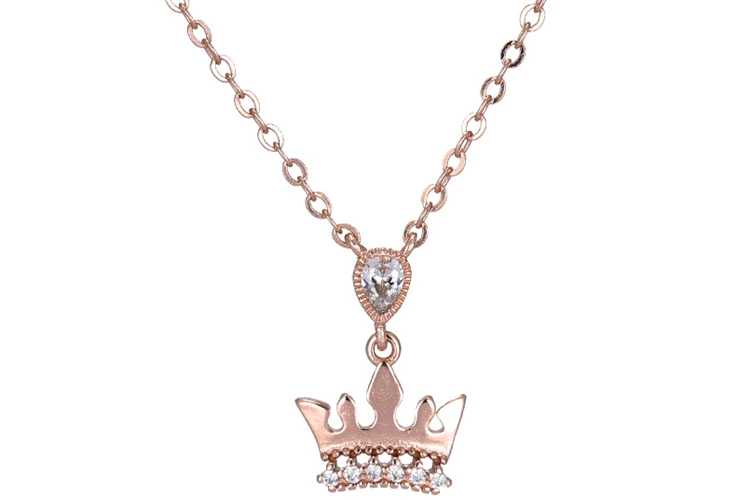 Роскошные модные свадебные помолвки серебряный кулон, розовое золото ожерелье Королева Корона 925 Серебряное колье женский PL360