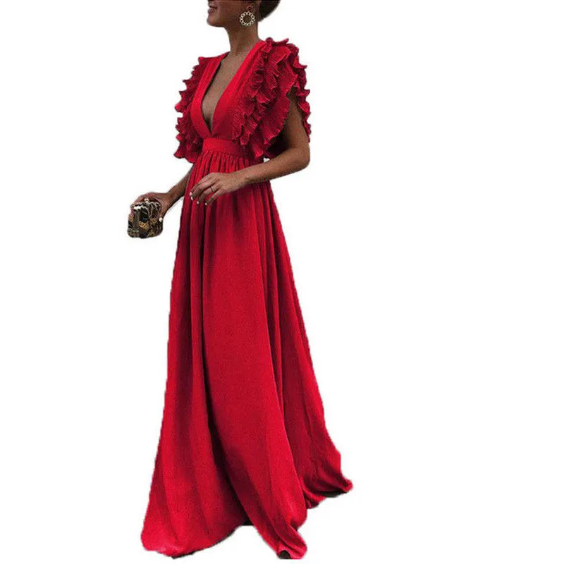Размер L-3XL, женское летнее платье Бохо с оборками, рукав-крылышко, одноцветные Платья с коротким рукавом, длинное платье макси с v-образным вырезом размера плюс, пляжные платья - Цвет: As Photo Show