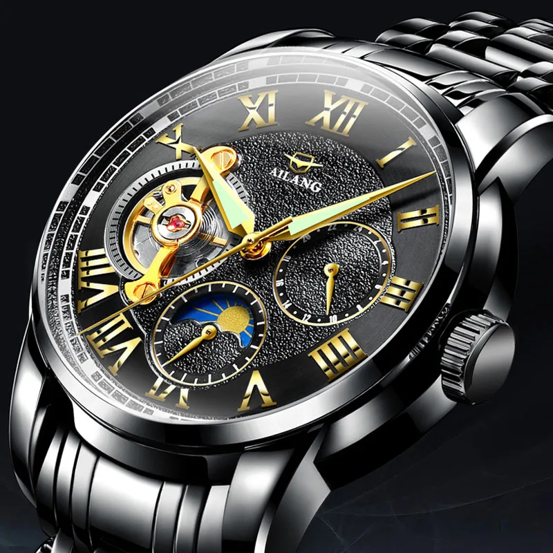 Швейцарские новые мужские механические дизельные часы tourbillon автоматические стальные водонепроницаемые светящиеся трендовые спортивные часы Moon phase