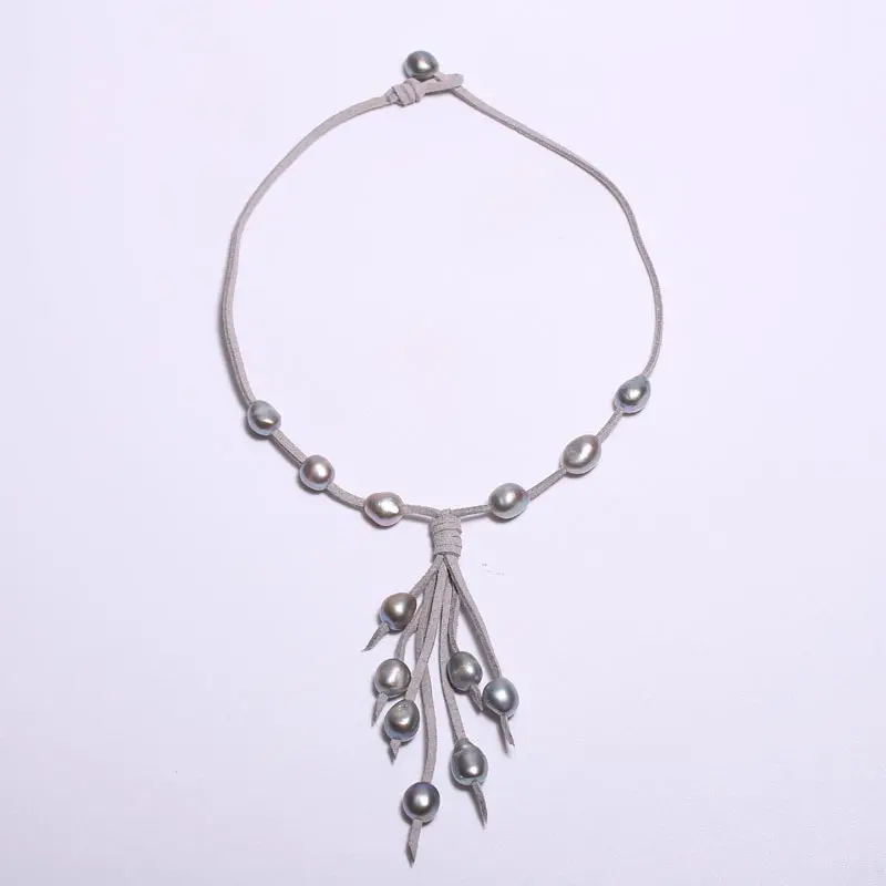 South Korea Velvet Black Necklace, 14 in Pearl Pendant 9-10 mm Shaped Beads