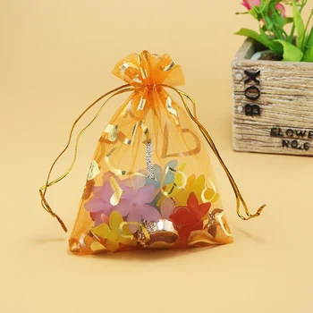 

Free Shipping 1000pc/lot 11X16cm Gold Heart Color Christmas /Wedding Drawable Organza Voile Gift Packaging Bags & Pouches