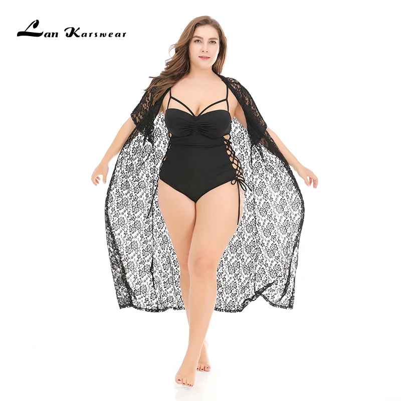 

Lan Karswear Beach Bikini Long cardigan Floral Chiffon Solid Color Perspective Large Size Clothes Hollow out Black Half sleeve