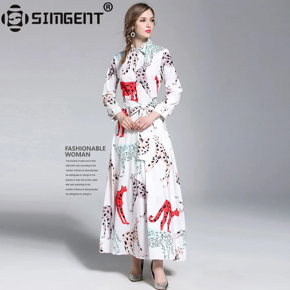 

Simgent Womens Summer Elegant Printing Charming Pinup Long Sleeve Turn Down Collar Flared Long Dresses Vestidos Female SG86132